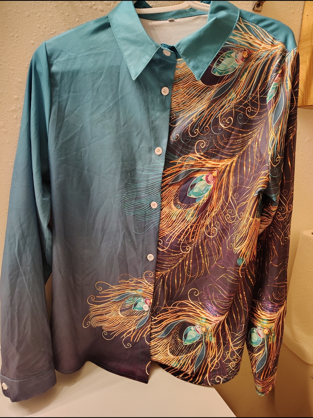 Peacock Feather Print Womens Button-Up Shirt - Teal/Black